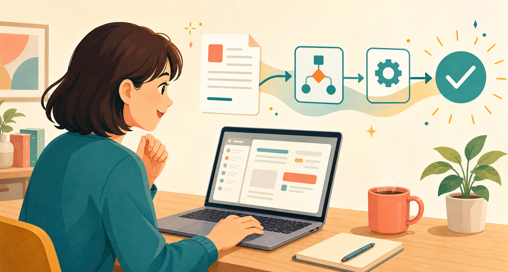 書類処理の流れをAIで自動化するイメージのイラスト