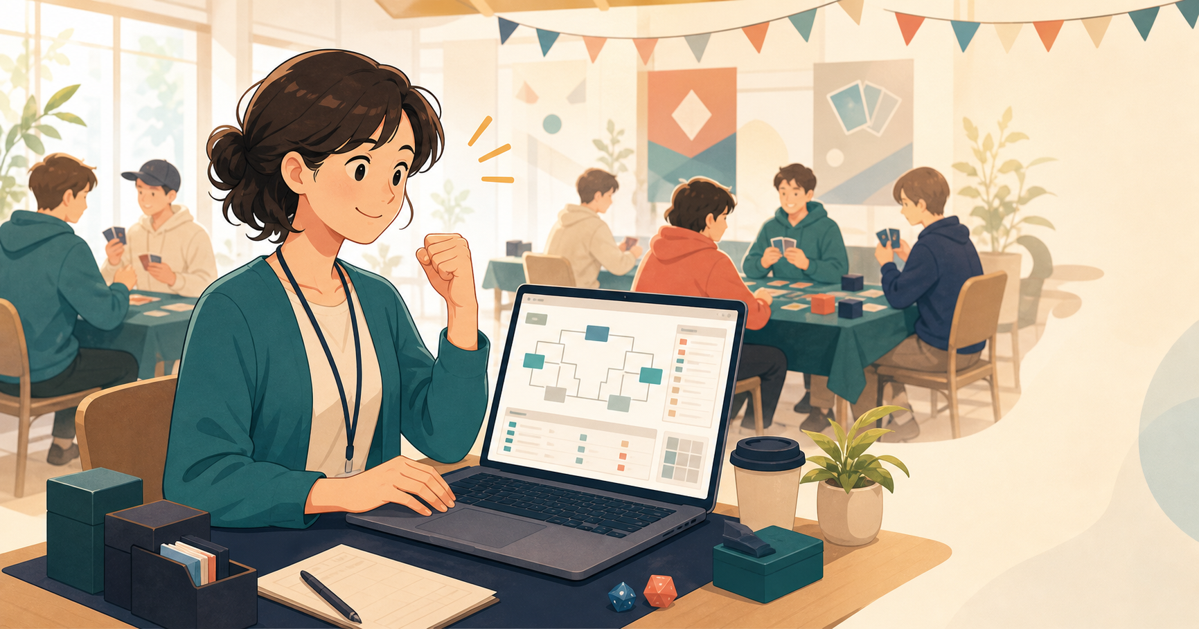大会運営ツールを使ってカードゲームイベントを運営する様子のイラスト